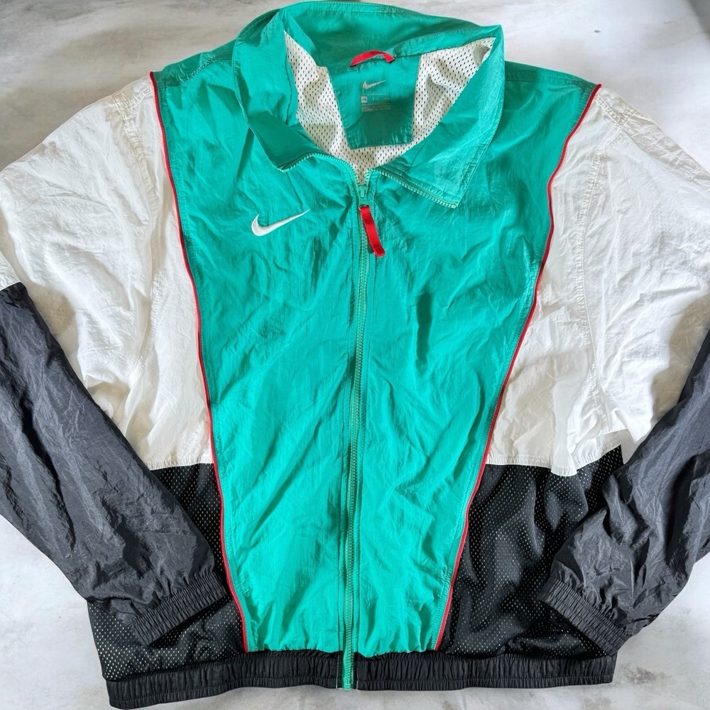 Nike Windbreaker Jacket Men's XXL Teal White Black Colorblock Full Zip Swoosh